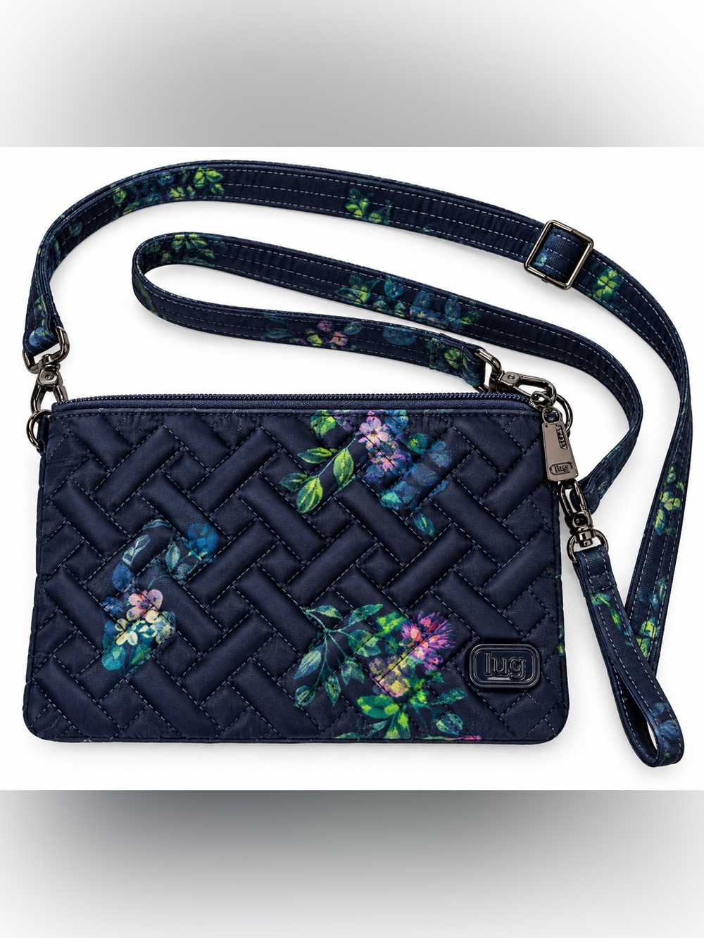 Lug Peekaboo Floral Quilted Convertible Crossbody Wristlet Wallet Navy Blue